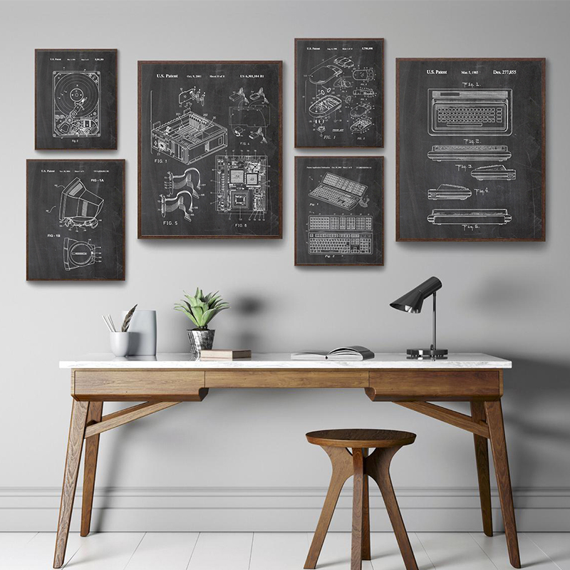 Tech Office Wall Decor - 6-delige vintage computerpatent wanddecoratieset, technische blauwdrukken