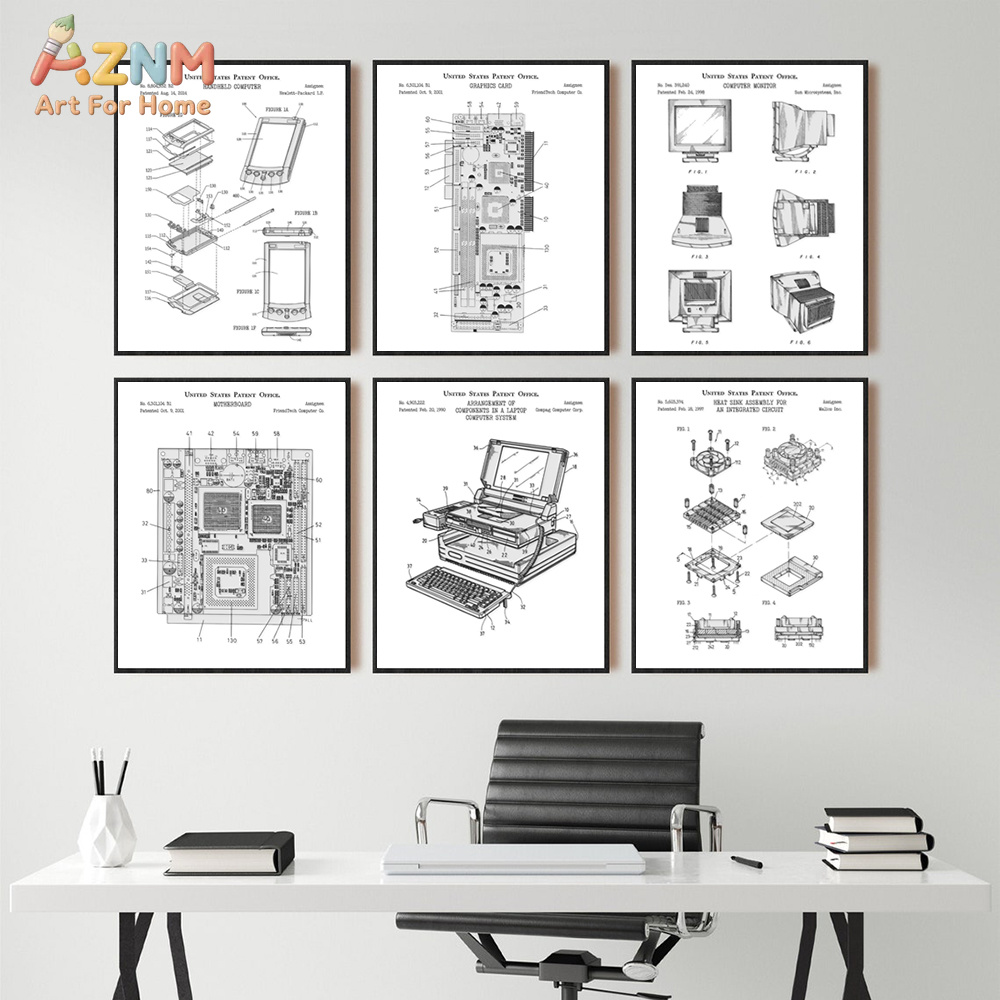 Tech Office Wall Decor - AZNM Computer Moederbord Patent Canvas Schilderij