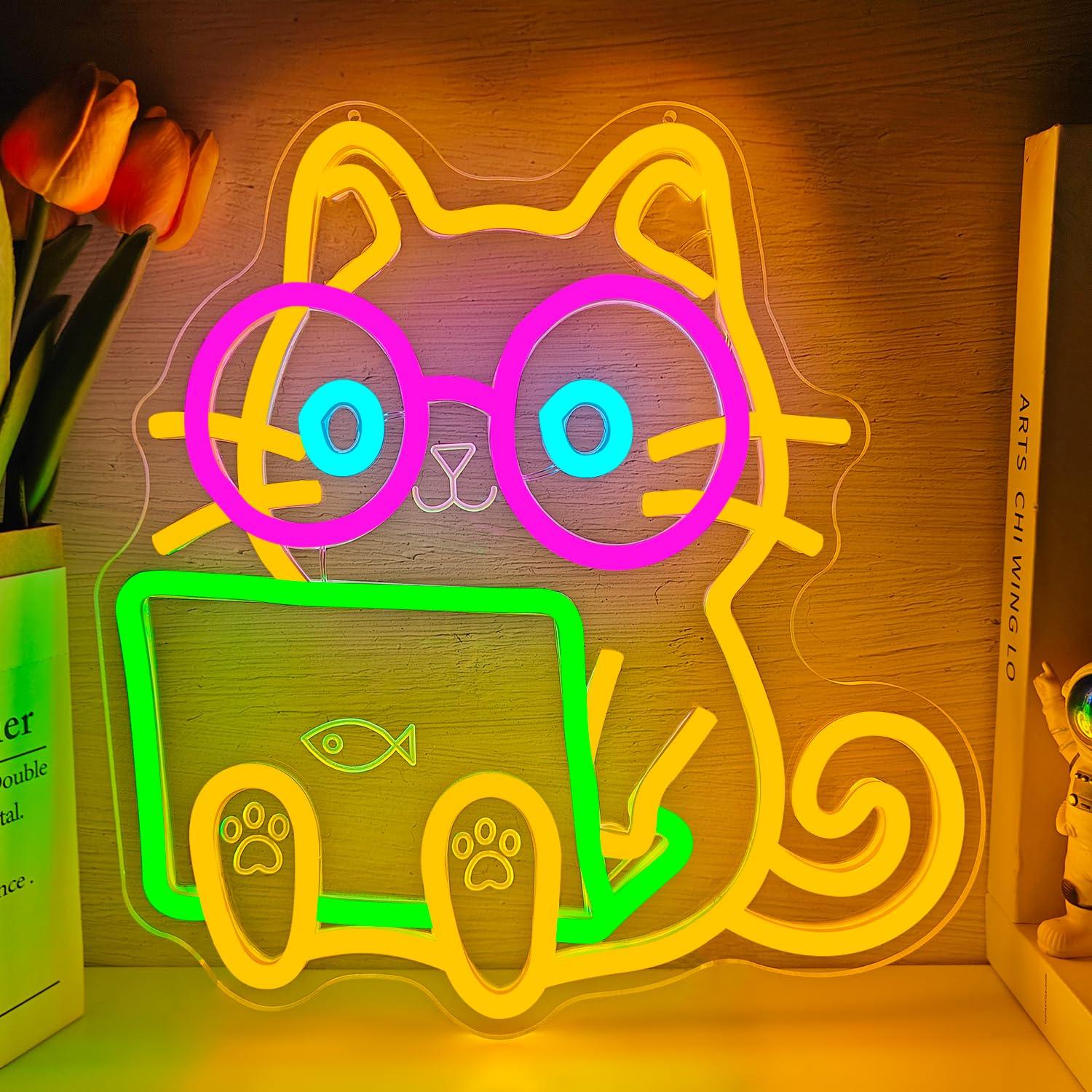 Tech Office Wall Decor - Cat Laptop Neon Sign USB Dimbaar